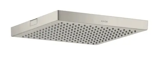 Deckenmontierte Kopfbrause aus Edelstahl mit quadratischer Form und Wasserstrahlöffnungen. Marke AXOR.